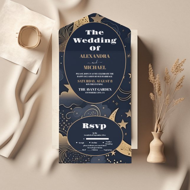 Midnight Blue Gold Celestial Wedding All In One Invitation (Creator Uploaded)