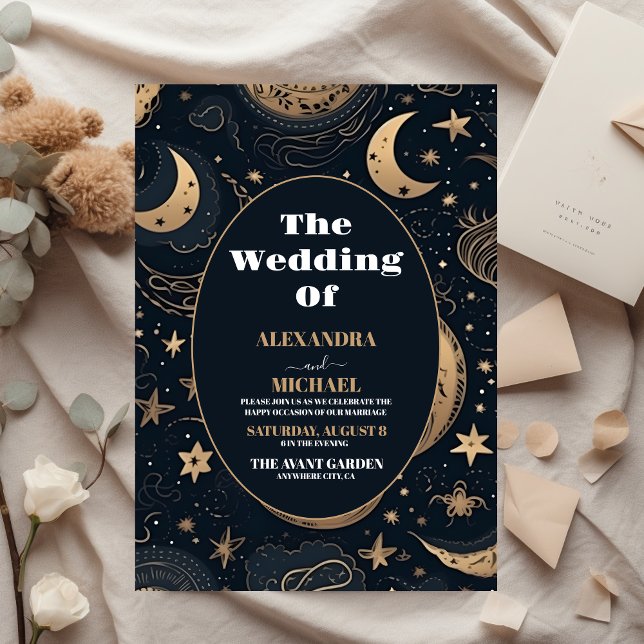Midnight Blue Gold Celestial Wedding Invitation (Creator Uploaded)