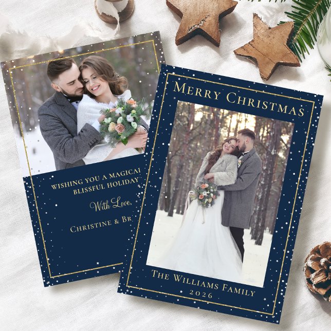 Midnight Blue Gold Christmas Snowfall 2 Photo Holiday Card (Creator Uploaded)