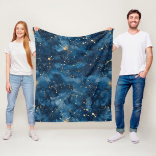 Midnight Blue Gold Cosmic Nebula Stardust Fleece Blanket