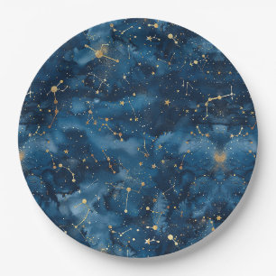 Midnight Blue Gold Cosmic Nebula Stardust Paper Plate