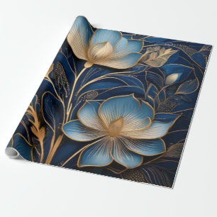 Midnight Blue & Gold Floral Filigree Luxury  Wrapping Paper