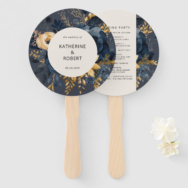 Midnight Blue Gold Floral Wedding Program Hand Fan (Front and Back)