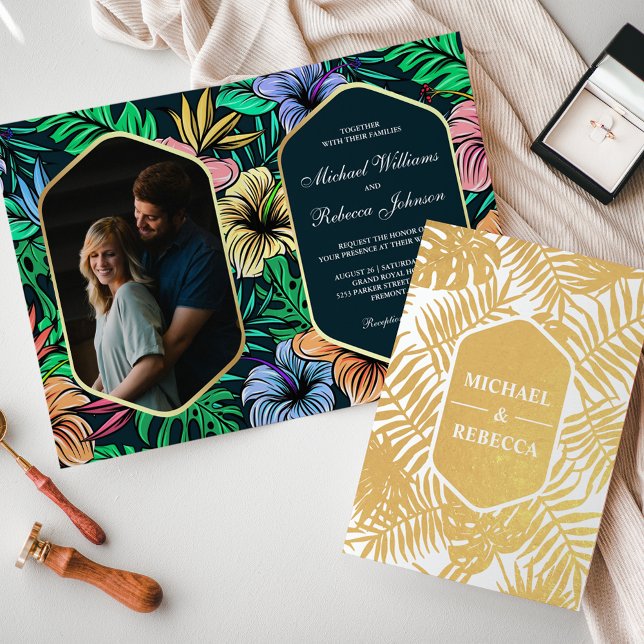 Midnight Blue Gold Foil Tropical Wedding Invite (Creator Uploaded)