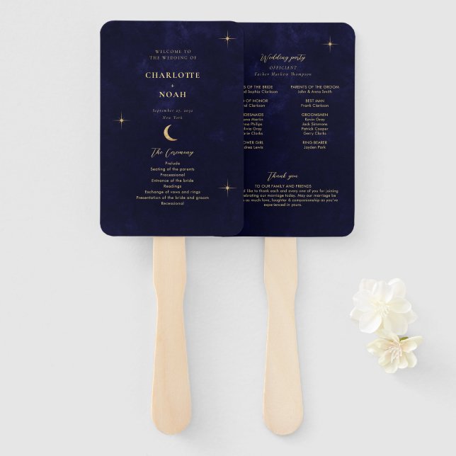 Midnight Blue Gold Moon Stars Wedding Program Hand Fan (Front and Back)