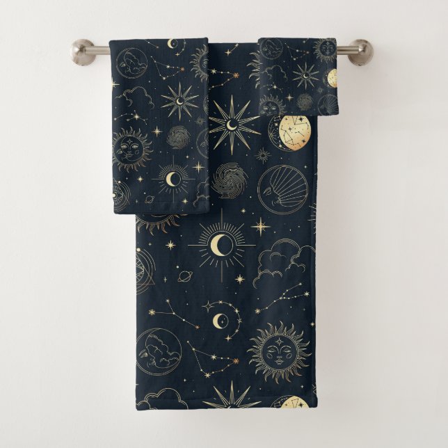 Midnight Blue Gold Star Constellation Pattern Bath Towel Set (Insitu)