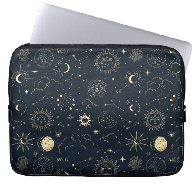 Midnight Blue Gold Star Constellation Pattern Laptop Sleeve (Front)
