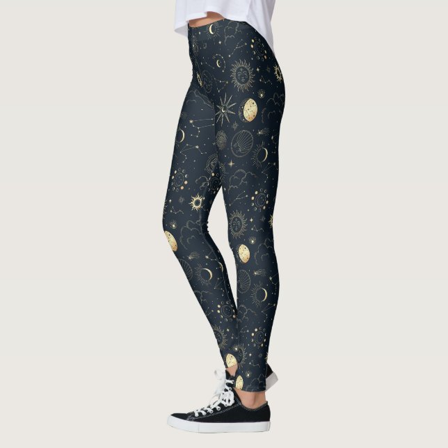 Midnight Blue Gold Star Constellation Pattern Leggings (Left)