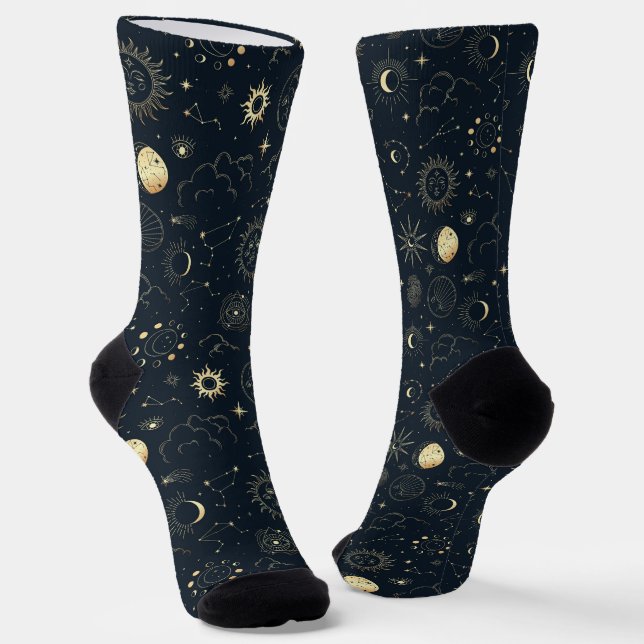Midnight Blue Gold Star Constellation Pattern Socks (Angled)