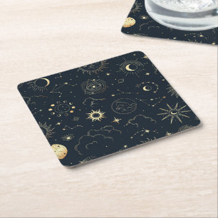 Midnight Blue Gold Star Constellation Pattern Square Paper Coaster