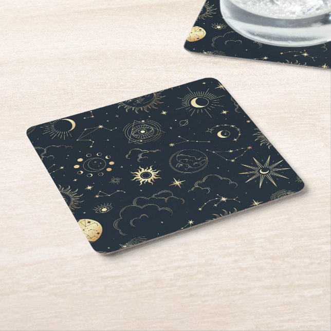Midnight Blue Gold Star Constellation Pattern Square Paper Coaster (Angled)