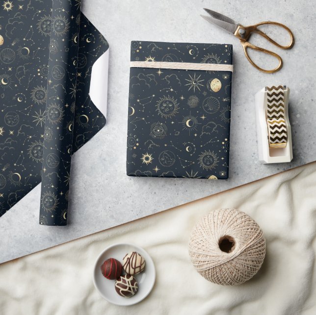 Midnight Blue Gold Star Constellation Pattern Wrapping Paper (Crafts)