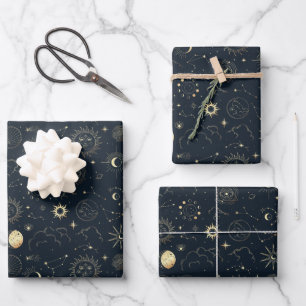 Midnight Blue Gold Star Constellation Pattern Wrapping Paper Sheet
