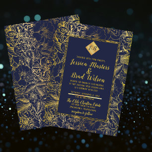 Midnight Blue Gold Vintage Floral Wedding Invitation