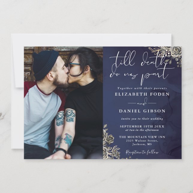 Midnight Blue Gothic Roses Floral Photo Wedding Invitation (Front)