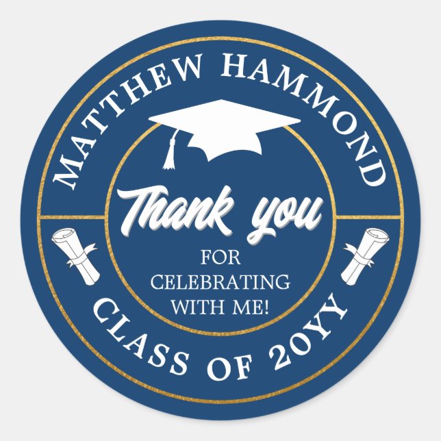 Midnight Blue Graduating Class Thank You Grad Cap Classic Round Sticker (Front)