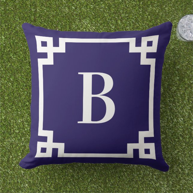 Midnight Blue Greek Key Border Monogram Cushion (Grass)