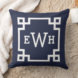 Midnight Blue Greek Key Monogram Initial Cushion