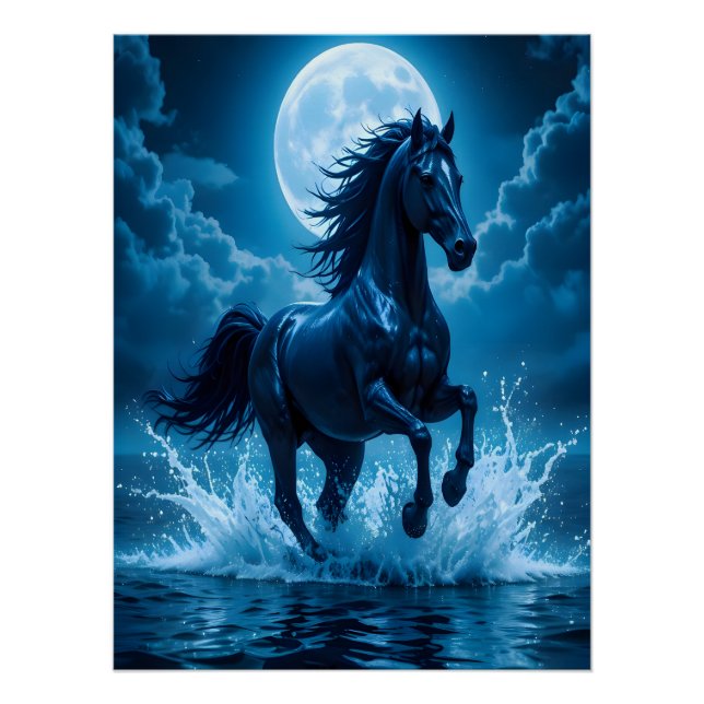 Midnight Blue Horse Moon Wall Art | Gift Decor (Front)