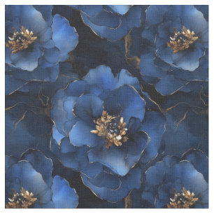 Midnight Blue Ink Flowers Fabric