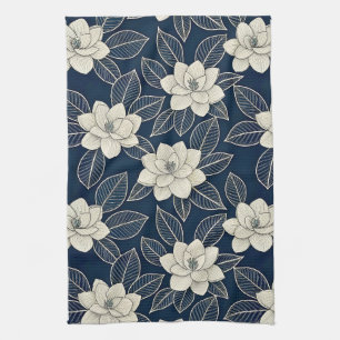 Midnight Blue Ivory Magnolia Modern Floral Tea Towel