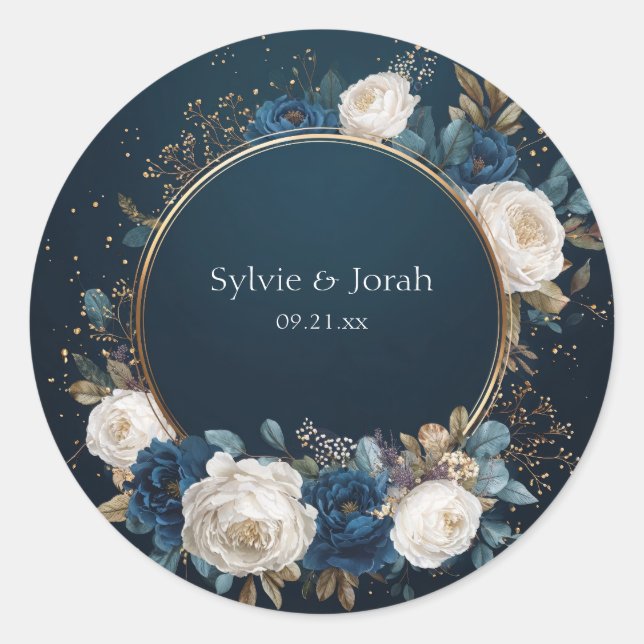 Midnight Blue & Ivory Rose Floral Wedding Sticker (Front)