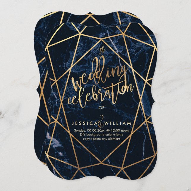 Midnight Blue Marble+Faux Gold Wedding Invitation (Front/Back)