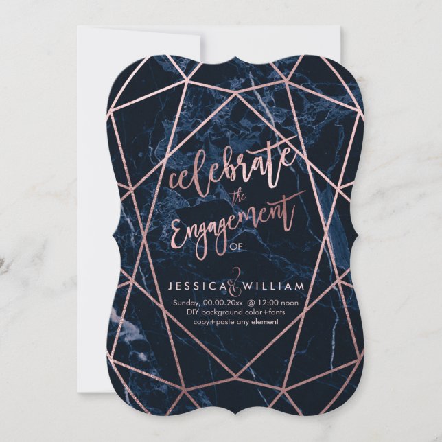 Midnight Blue Marble+Faux Rose Gold Engagement Invitation (Front)