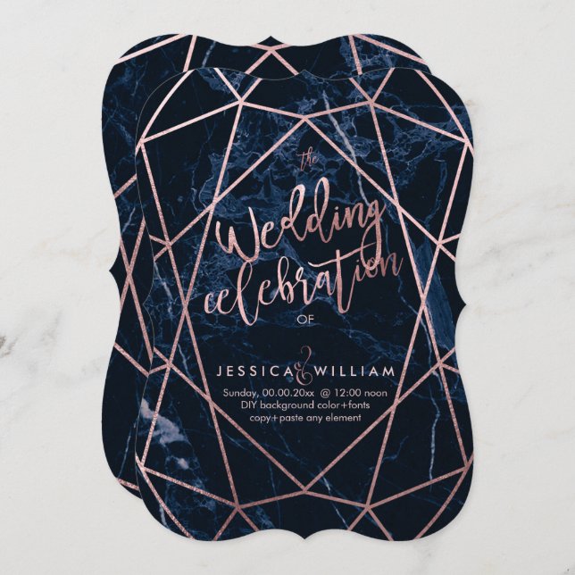 Midnight Blue Marble+Faux Rose Gold Wedding Invitation (Front/Back)