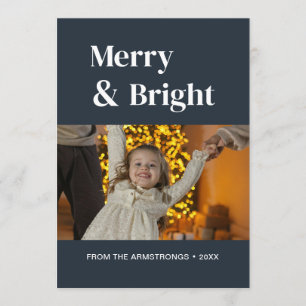 Midnight Blue Minimalist Merry Bright Christmas Holiday Card