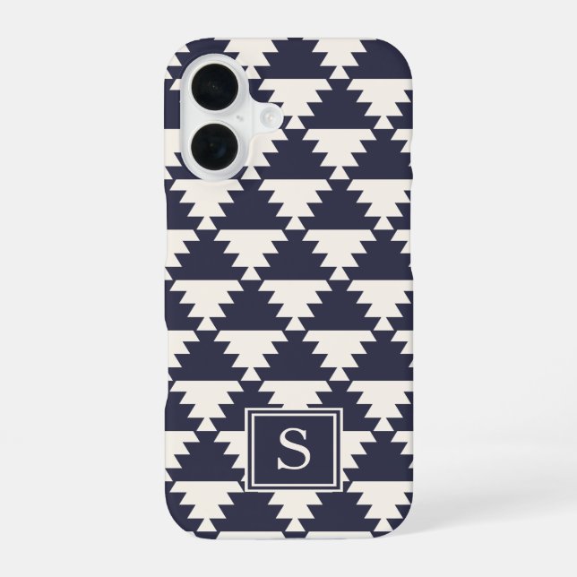 Midnight Blue Modern Aztec Geometric Monogram iPhone 16 Case (Back)