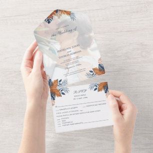 Midnight Blue Monstera All in One Wedding Invite