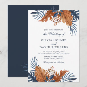Midnight Blue Monstera Wedding Invitation