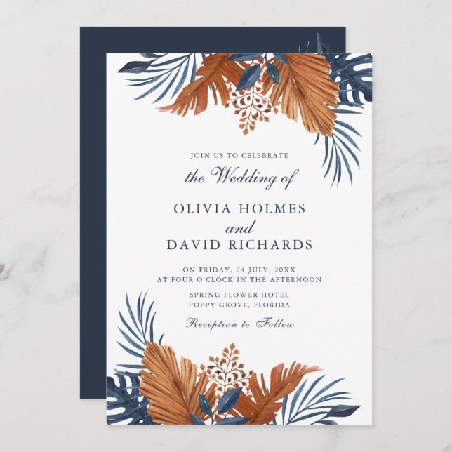 Midnight Blue Monstera Wedding Invitation (Front/Back)