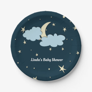 Midnight Blue Moon & Stars Elegant Baby Shower Paper Plate