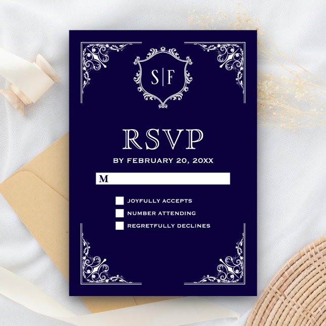 Midnight Blue Ornate Monogram RSVP (Creator Uploaded)