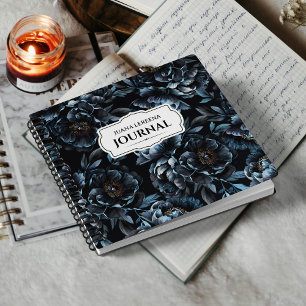 Midnight Blue Peonies Vintage Label Notebook