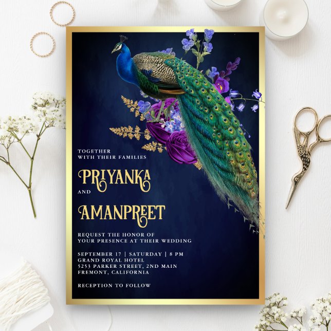Midnight Blue Purple Floral Indian Peacock Wedding Invitation (Creator Uploaded)