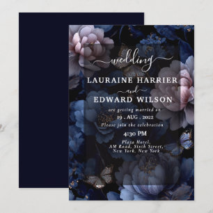 Midnight Blue & Purple Floral Wedding Suit Collect Invitation