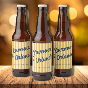 Midnight Blue Retro Muted Peach Stripe Wedding Beer Bottle Label