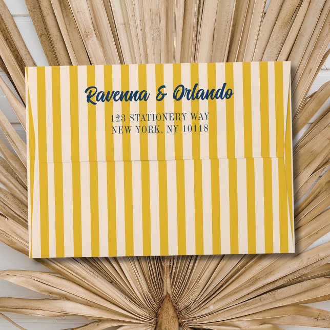 Midnight Blue Retro Muted Peach Stripe Wedding Envelope (Creator Uploaded)