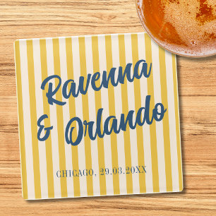 Midnight Blue Retro Muted Peach Stripe Wedding Glass Coaster