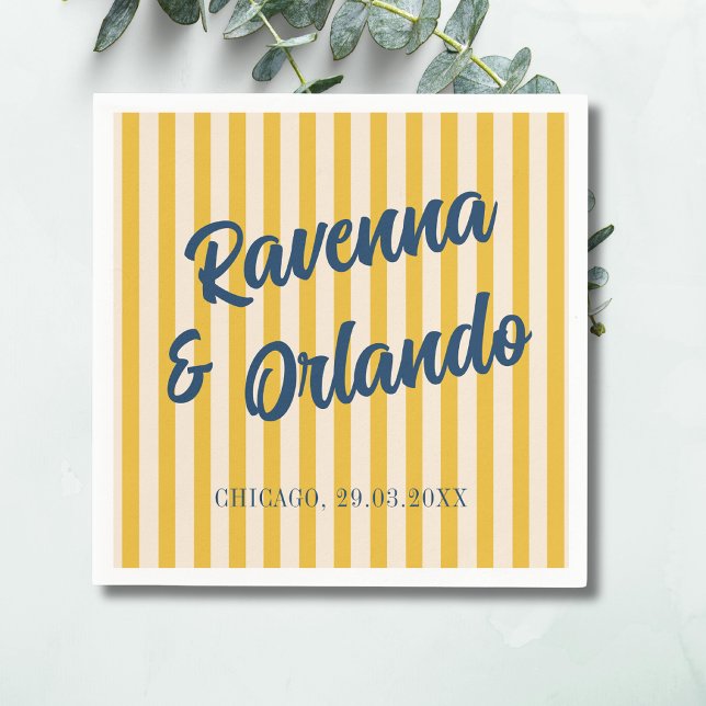 Midnight Blue Retro Muted Peach Stripe Wedding Napkin (Creator Uploaded)