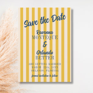 Midnight Blue Retro Muted Peach Stripe Wedding Save The Date