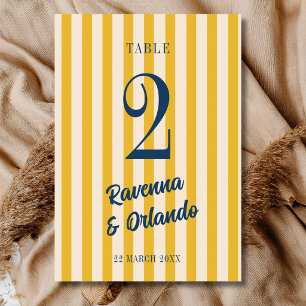 Midnight Blue Retro Muted Peach Stripe Wedding Table Number