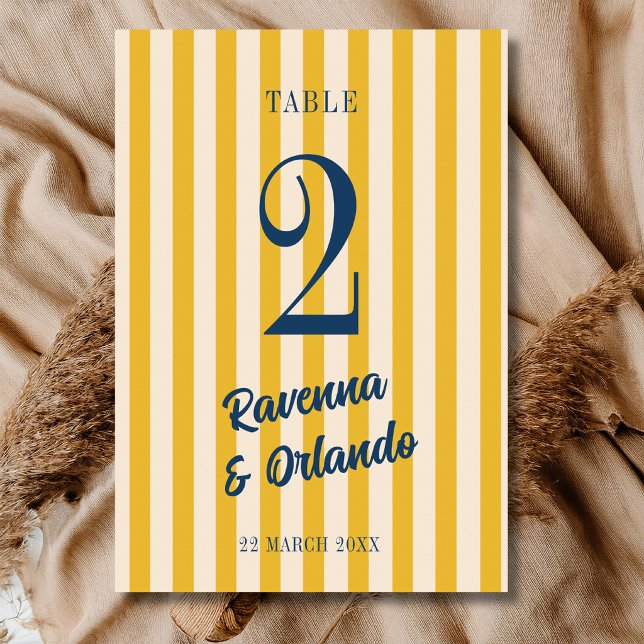 Midnight Blue Retro Muted Peach Stripe Wedding Table Number (Creator Uploaded)