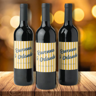 Midnight Blue Retro Muted Peach Stripe Wedding Wine Label