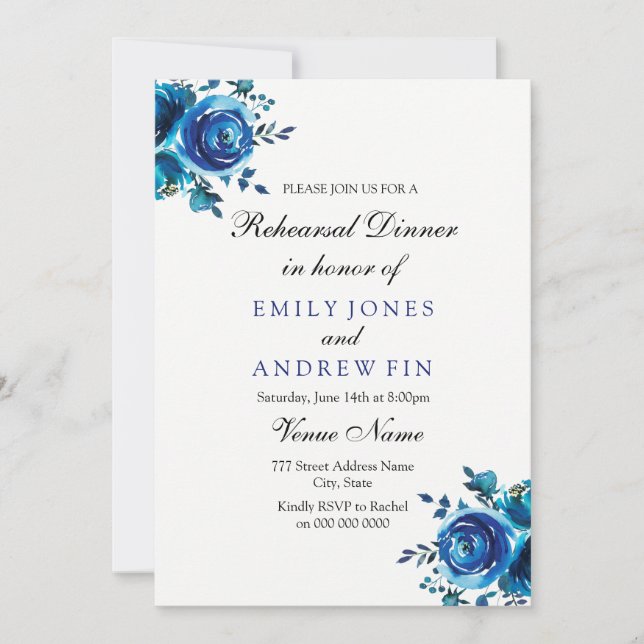 Midnight Blue Rose Floral Wedding Rehearsal Dinner Invitation (Front)