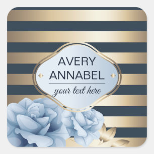 Midnight blue roses gold stripe square sticker