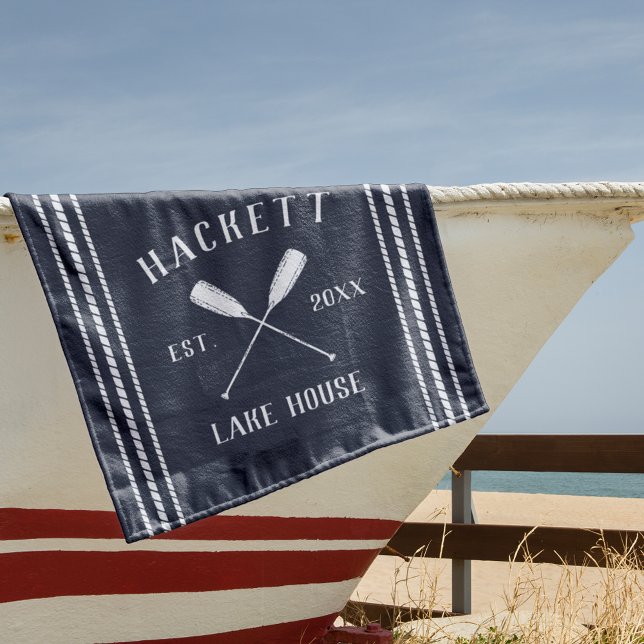 Midnight Blue Rustic Oars Personalised Lake House Beach Towel (Creator Uploaded)
